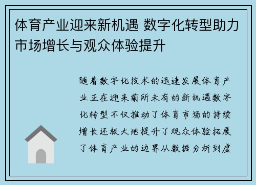 体育产业迎来新机遇 数字化转型助力市场增长与观众体验提升